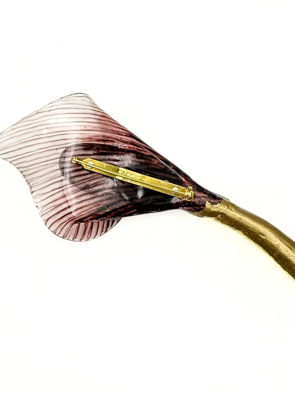 Fabrice Paris Signed French Sculptural Wine Red Striped Calla Lily Brooch